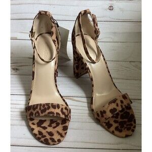 The Drop Rebecca Leopard Block Heel Ankle Strap Open Toe Women’s Shoes Size 7.5